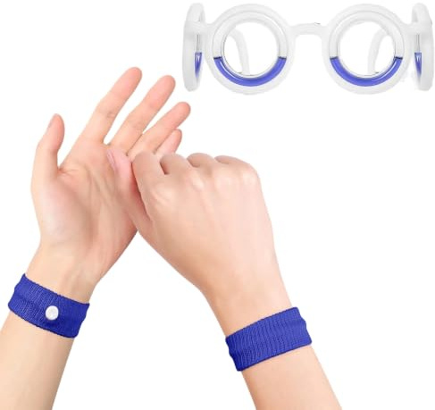 Brille gegen Reisekrankheit & Akupressur Armband Set, Anti-Motion Sickness Brille gegen Seekrankheit, Reiseübelkeit & Schwindel, Effektive Hilfe für Auto, Schiff, Flugzeug, Blau, 2-teilig