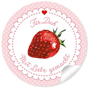 24 STICKER: Süße Aufkleber in ROSA mit Punkten, Herz und liebevoll illustrierter Erdbeere Für Dich - mit Liebe gemacht • Zum Dekorieren von Gastgeschenken • Format 4 cm, rund, matt