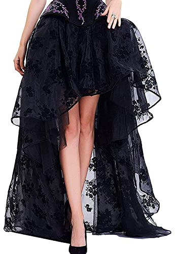 Zooma Jupe Noire pour Femme Punk asymétrique Robe Steampunk Cocktail Mousseline Dentelle Party Jupe Cosplay, 9523-noir, 5XL