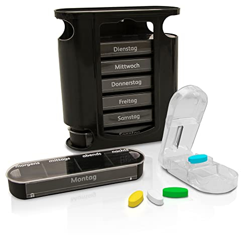 Nestor&Gamble Tablettenbox 7 Tage I Pillenbox mit 4 Fächern für morgens, mittags, abends & nachts I Praktische Wochen-Tablettenbox inkl. Tablettenteiler I Tablettenturm 7 Tage I Einzeln I Schwarz