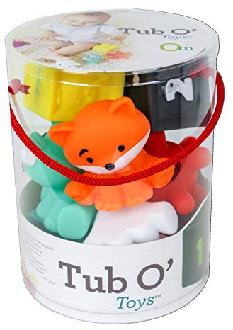 Infantino Tub O' Toys - 9 Pieces Toy Set with Colorful Blocks, Animal Pals & Multi Textured Balls - Sensory Development, Ages 0-3 years