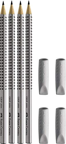 Radiergummikappen Grip grau 4 Stück, Faber-Castell + 4 Bleistifte HB