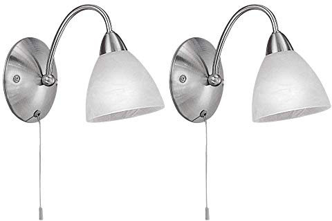 Britalia 2 Pack - Satin Nickel & Alabaster Glass Traditional Swan Neck Switched Wall Light | 1 x E14 SES Lamp Required (Not Included) | Pull Switch Operated