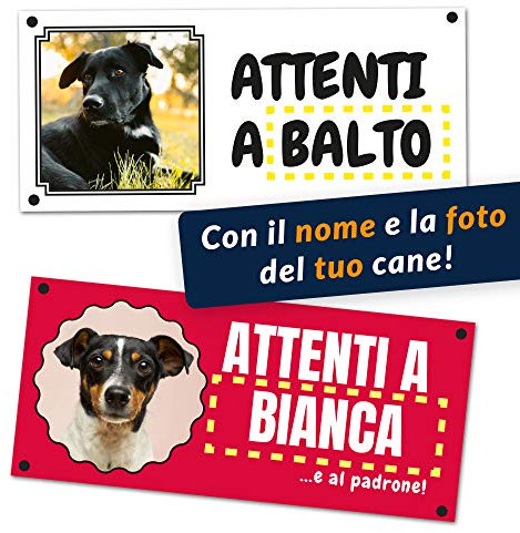 Cartello ATTENTI AL CANE personalizzabile con la foto del proprio cane, stampato a colori (Cartello Formato 200x90mm, Nome personalizzabile)