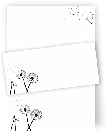 zartbesaitet.com Schöne Produkte aus Papier - Briefpapier Pusteblume DIN A4 - 20 Pusteblumen-Briefbogen A4 - 10 DIN Lang-Briefumschläge - Weiß, Klassisch