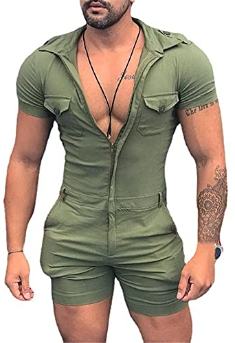 DaDuo Hoodie Herren Sommer Slim Fit Reißverschluss Taschen Herren Jumpsuit Trend Tasten Einfarbig Herren Kurzarm Klassisch Persönlichkeit Herren Rompers B-Green XL