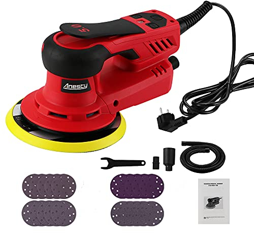 Exzenterschleifer 150 mm 5,0 mm Hub Elektro Exzenter-Schleifer Schleifmaschine Rotationsschleifer mit 20pcs Schleifscheiben Set und Staubabsaugschlauch, 4.000-10.000 U/min, Bürstenloser EC-Motor