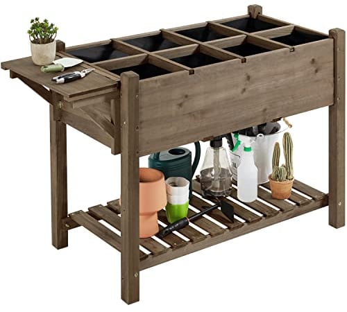 Yaheetech Fioriera/Aiuola Rialzata Orto Balcone da Esterno Giardino Alta in Legno Naturale Lettino per Piante Giardino con Ripiano Pieghevole e Griglia 8 Scompatimenti 123,5 x 54 x 80 cm