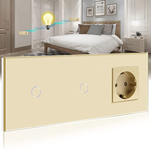 BSEED Touch Lichtschalter mit Schuko Steckdose mit LED Anzeiger doppelte 1 Fach 2 Wege Glas Lichtschalter mit eine Wandsteckdosen Golden 228mm