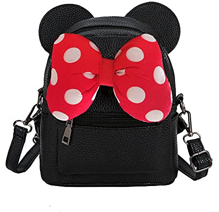 Sunwel Fashion Mini-Rucksack für Mädchen, mit Maus-Ohren, gepunktet, Pailletten-Schleife, wandelbarer Rucksack zu Crossbody-Tasche für Damen, Schwarze Schleife aus Baumwolle mit Punkten, W8.7 x H10,