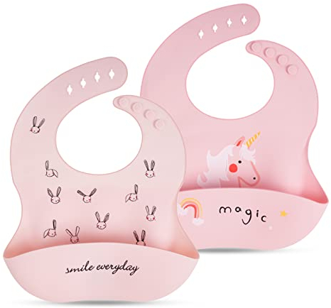 Vicloon Silikon Baby Lätzchen, 2 Stück Baby Lätzchen mit Auffangschale, BPA Frei, Einfache Reinigung, Wasserdicht Silikon-lätzchen für Jungen Mädchen, Kaninchen-Einhorn(Rosa)