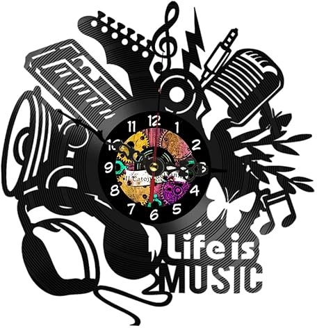 Orologio da Parete in Vinile Music Is Life – Design Inciso a Tema Musicale, Arredo Vintage per Musicisti e Amanti della Musica - orologio silenzioso - catoju.