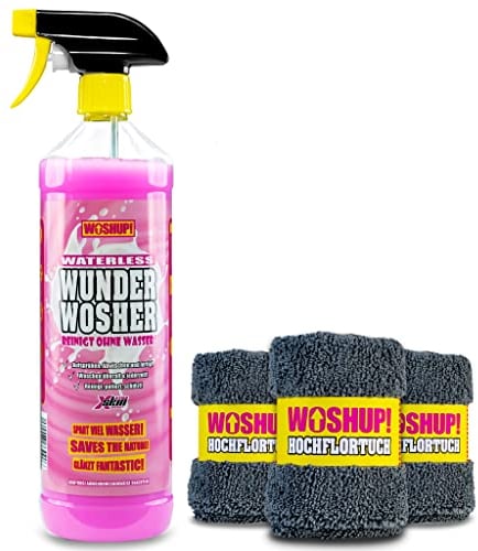 WOSHUP! Waterless Wunder Wosher Auto Trockenreiniger Xtra Skin Schutzfilm 1000 ml Wasserlos Reinigen Auto Ohne Wasser für Wohnwagen, Wohnmobil, Auto, Motorrad und Boot (1 Liter + 3er Tuch)