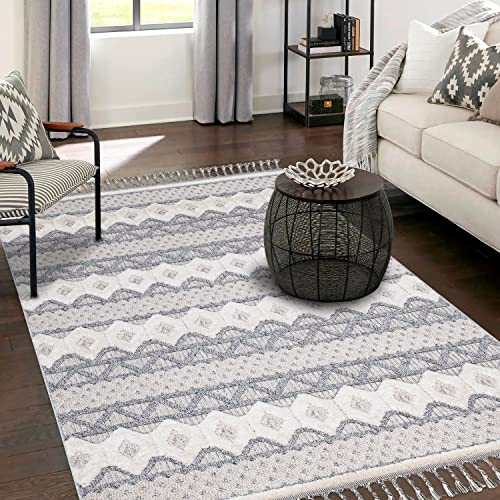 payé Teppich Wohnzimmer - Geometrische Muster - 140x200cm Grau Blau - Fransen Deko Boho Flauschig - Cut & Loop Sisal - Schlafzimmer Flur Dekoration Läufer - Orientalische Teppiche