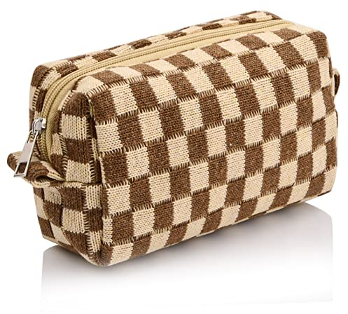 Kosmetiktasche Klein Make Up Organizer Schachbrett Schminktasche Make Up Tasche Travel Essentials Mäppchen Federmäppchen Pencil Case (Braun)