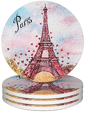 Paris Untersetzer für Getränke, 4 Stück, 10,2 cm, Aquarell-Stil, Eiffelturm, saugfähige Kieselgur-Keramik-Untersetzer für Couchtisch mit Korksockel, Tischschutz, geeignet für Esstische