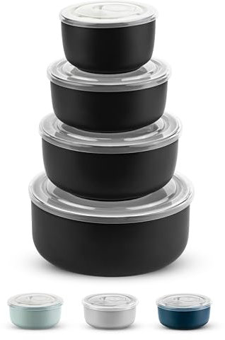 KooK Ceramic Nesting Bowls with Lids, Food Storage Containers, Kitchen Bowl Set, For Prep, Mixing and Serving, Microwave and Dishwasher Safe, Set of 4, 50/28/16/9 oz (Black)