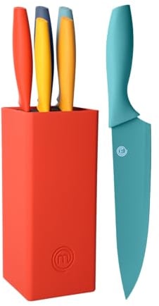 MasterChef Knife Set with Block, 5 Kitchen Knives with Sharp Stainless Steel Blades (Chef, Paring, Utility, Carving, Bread) Soft Touch Easy Grip Handles & Universal Knife Holder, Colour Collection