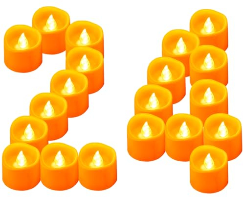 Yakpo Lot de 24 bougies chauffe-plat LED orange à piles, sans flamme vacillante, alimentées par piles, fausses bougies électriques d'extérieur en vrac pour Noël, Halloween, décorations en forme de