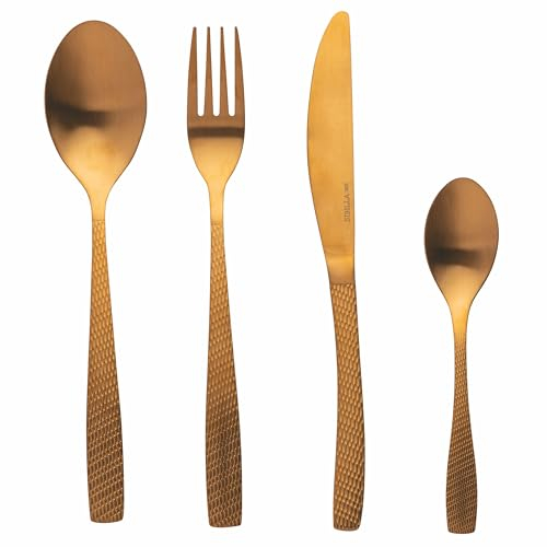 Set 24 posate in acciaio inox oro satinato, impugnatura martellata, Harlem Sibilla