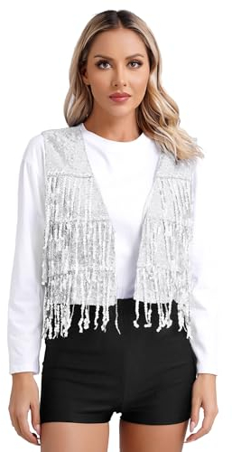 iiniim Damen Pailletten Weste Glitzer Ärmellos Anzugweste Fransen Jacke Mantel Quasten Tanzjacke Karneval Fasching Tanzkostüm A Silber 3XL