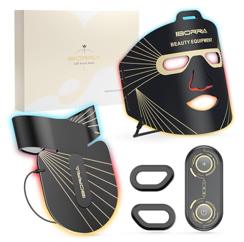 IBORRIA LED Maske Gesicht & Hals Lichttherapie, Rotlichttherapie Gesicht mit Nahinfrarotlicht, Flexibles Silikon LED Gesichtsmaske Lichttherapie, zu Hause Lichttherapie Red Light Therapy (Schwarz)