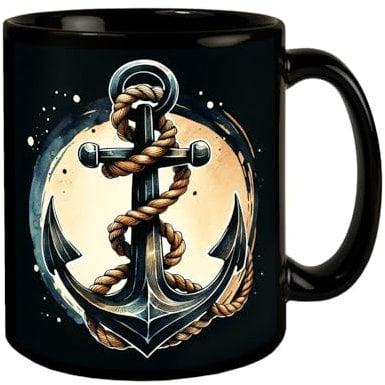 Anker mit Seil Tasse in Schwarz Maritime KaffeeTasse Schiff Boot Eisenanker umschlungen Marine Nautik Design Starke Sicherung für Seefahrer