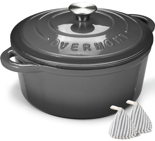 Overmont Bräter Emaille Gusseisen Topf - Schmortopf 26cm backofengeeignet - mit Deckel und Kochbuch - für Küche Backen Schmoren Braten Grau