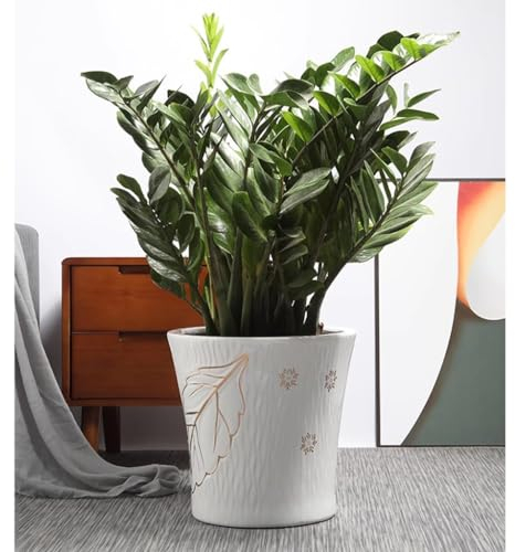 FGJKKRMI Große Keramik-Pflanzgefäße In Weiß, Blumentöpfe for Den Innen- Und Außenbereich Mit Ablaufloch Und Untersetzer, Moderner Dekorativer Blumentopf Mit Blättermuster, for Sukkulenten