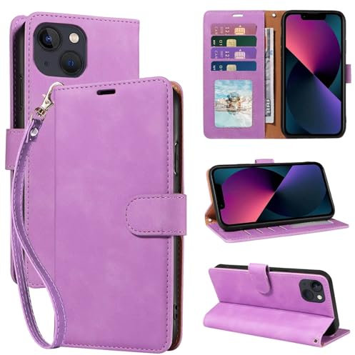 GOTOURED for iPhone 13 Wallet Case, [RFID Blocking 4 Card Slots] [Wrist Strap] [Kickstand] [Magnetic Closure] Shockproof Protective Soft Leather for iPhone 13 Cover Flip Cases (Purple)