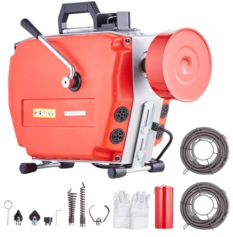VEVOR Macchina per Pulizia Scarichi 120 Piedi x 7/8 Pollici, Coclea Elettrica per Fognature Alimentata a Mano 420W con 6 Taglierine, 2 Cavi in A​cciaio 120' x 7/8 18' x 3/8 Controllo CW/CCW