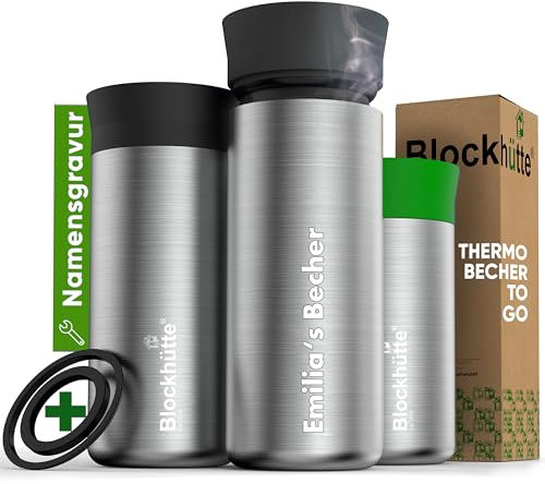 Blockhütte Kaffeebecher personalisiert 354 ml, Kaffee to Go Becher personalisiert 8h heiße Getränke, Travel Mug auslaufsicher, Thermobecher Edelstahl spülmaschinenfest