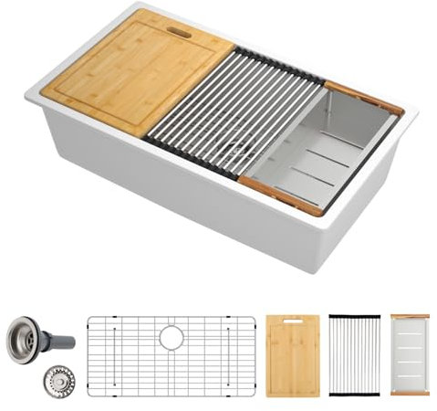 Sarlai 28 White Kitchen Sink Granite Composite - 28 x 19 inch Kitchen Sink Undermount White Granite Composite Quartz Single Bowl Under Counter Ledge Workstation Kitchen Sink Basin