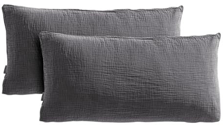 Pure Label Musselin Kissenbezug 40x80 2er Set aus 100% Baumwolle - Traumhaft weiche, kuschelige Musselin Kissenbezug-Set in anthrazit