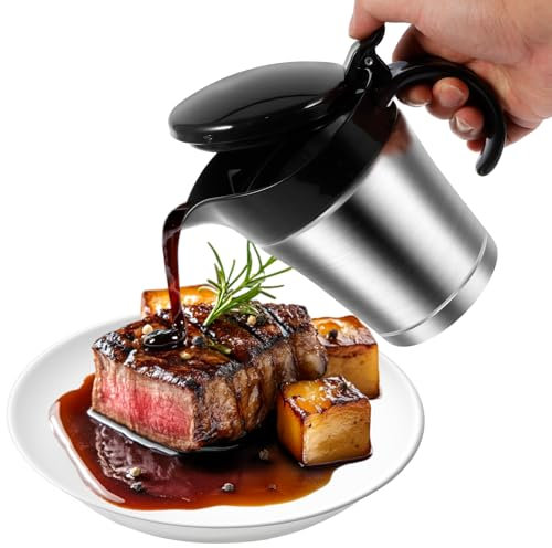 Insulated Gravy Boat 450ml Gravy Jug with Hinged Lid Double Wall Insulated Sauce Pitcher Stainless Steel Gravy Warmer Pitcher for Family Dinner, Thanksgiving, Christmas, Birthday Party (Black)