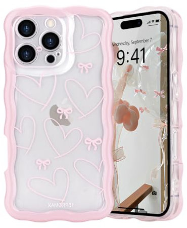 L-FADNUT Bow Case for iPhone 16 Pro, Curly Wavy Frame Cute Girly Bow Ribbon Pretty Phone Case, Soft Wave Clear Slim Silicone Shockproof Anti-scratch Cover for Women Girl, Big Heart