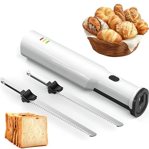 Electric Bread Knife, Cordless Carving Bread Cutter, Meat Slicer with 2 8” Stainless Steel Blades, Safety Lock Button, Reciprocating Saw Blades, Carving Knife for Meat, Turkey, Poultry