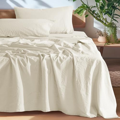 SONORO KATE 100% French Linen King Size Sheets Set,Natural Flax Bedding