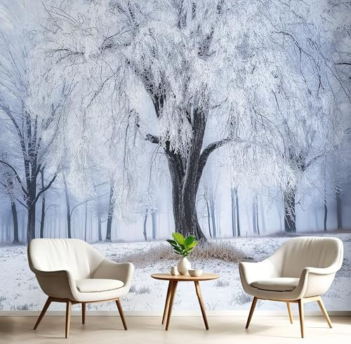 Papier Peint Panoramique Hiver Forêt Paysage, 150x105cm (L×H), Givre Arbres Poster Geant Murale, Matériel de Soie, Taille Personnalisée Disponible, Pour Salon Chambre Décor Murale, Brume bleue