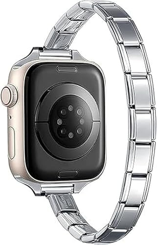 9mm Stainless Steel Silver Italian Charm Starter Bracelet Strap Plus Adapter Compatible With Modular Link Fits 38mm to 46mm For Apple Watch iWatch 11 10 9 8 7 6 5 4 3 2 1 SE Ultra