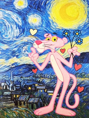 KUSTOM ART Dekoratives Wandposter Serie Cartoons Rosa Panther auf Sternennacht Van Gogh Kunstdruck auf Karton 40 x 30 cm ohne Rahmen