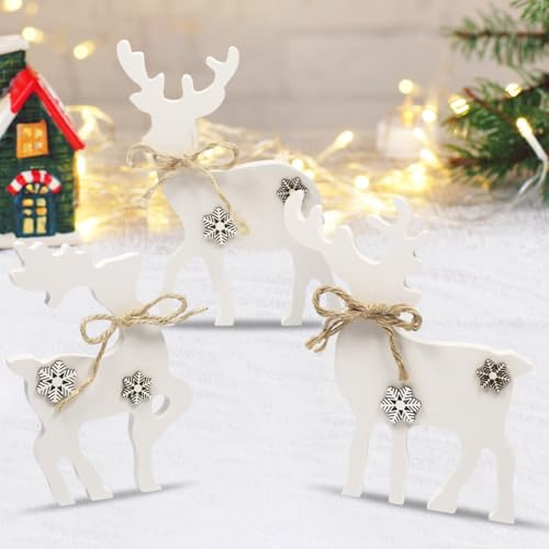 KOIROI 3 Stück Weihnachtsdeko Rentier Holz, Rentier Deko Weihnachten, Weihnachten Rentier Tischdeko, Weihnachtsdeko Innen Elch Figuren mit Hanfseil, Hirsch Deko für Fensterbank, Kaminsims & Tischdeko