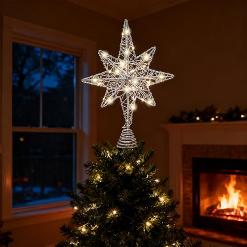 Christmas Tree Topper Lighted, Hollow Glitter Xmas Star Toppers 20LED Warm White Lights Treetop for Xmas Tree Home Holiday Party Decor