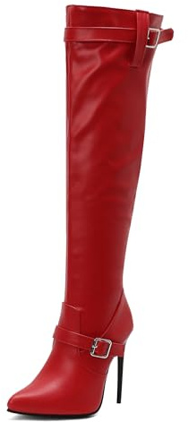 Lizoleor Tacco a Spillo Appuntito Side con Cerniera Donna Stivali Alti Eleganti Prom Super Tacco Alto Solid Color Stivali Sopra Il Ginocchio Rosso Numero 35 EU
