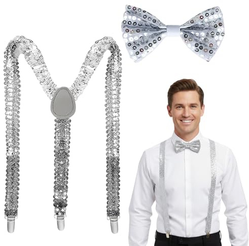 DvBCNMe Glitzer Fliege, Glitzer Outfit Herren, 2 Stück Set mit Fliege und Hosenträger, Verstellbare Glitzer Krawatte Herren, Perfekt für Karneval, Mottoparty und Tanzperformance