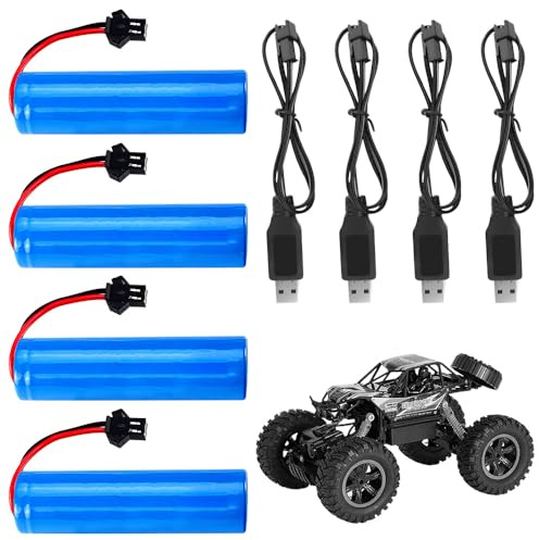 DAJASD 4 Stück Akku, 1200mah Li-ion Battery mit 4 USB Chargers SM-2P Plug, 3.7V RC Akku, 3.7 Volt Akk Li-ion, Rechargeable Battery Compatible für RC Fahrzeuge Panzer Boote Roboter
