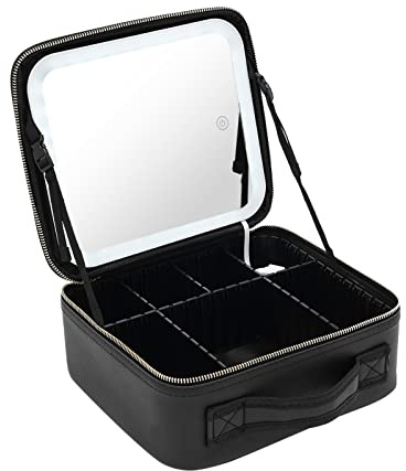 Trousse de toilette de voyage avec miroir LED, sac cosmétique portable avec séparateurs réglables, étanche, organisateur de cosmétiques, noir