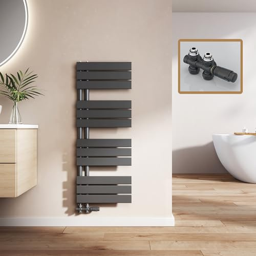 EMKE Badheizkörper mit Multiblock 1041x400 mm, Flach Handtuchheizkörper mit Seitenanschluss, Effizienter Handtuchwärmer Handtuchtrockner Heizkörper für Bad, Schwarz, 456W