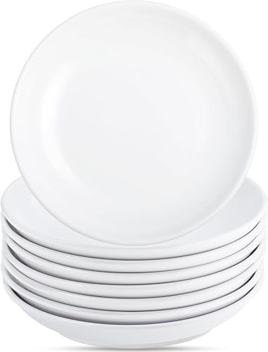 Kinmsito 8 Stück Keramik-Vorspeisentellers, 6 Zoll große weiße Dessertteller, kleiner Essteller aus Porzellan, leichter runder Teller für Brot, Butter, Snacks, mikrowellen- und spülmaschinenfest