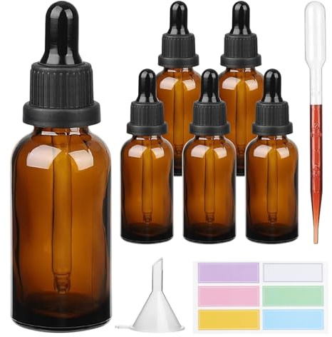 Hyber&Cara Lot de 6 flacons compte-gouttes en verre ambré avec pipette en verre rechargeable pour huiles essentielles, aromathérapie, mélanges de 100 ml